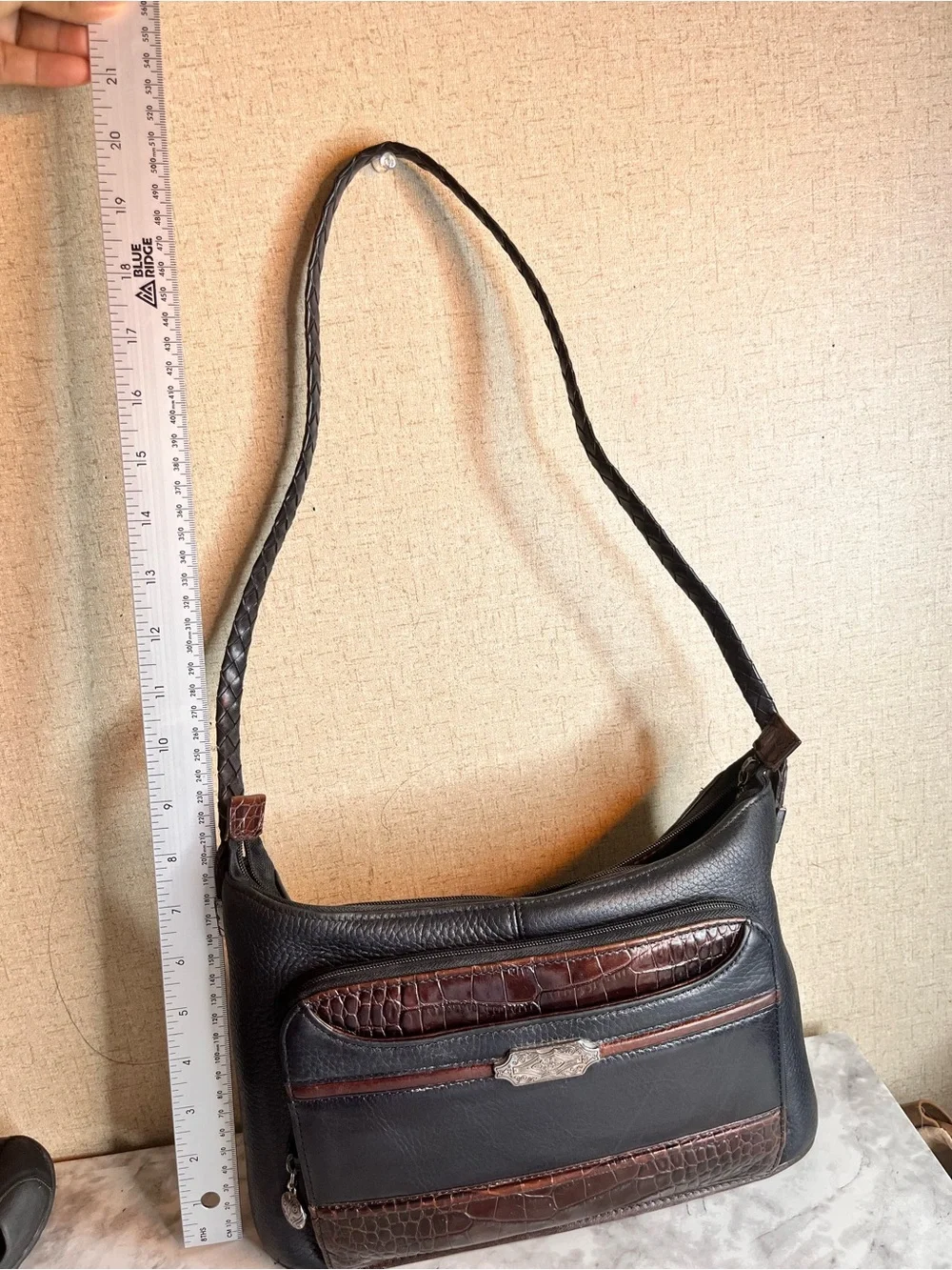 Brighton Black and Brown Croc-Accent Leather Messenger Bag